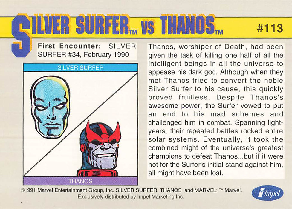 1991 Impel Marvel Universe II #113 Silver Surfer vs Thanos