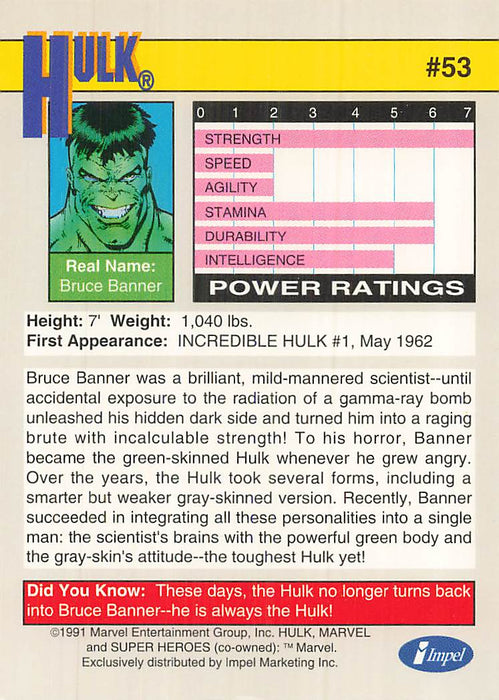 1991 Impel Marvel Universe II #53 Hulk