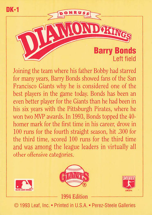 1994 Donruss Diamond Kings #DK1 Barry Bonds