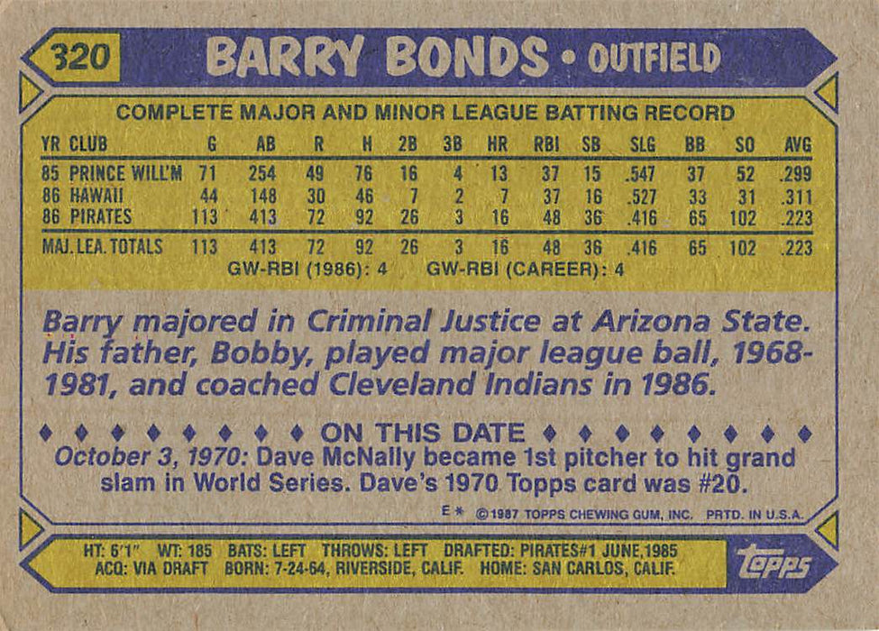 1987 Topps #320 Barry Bonds RC