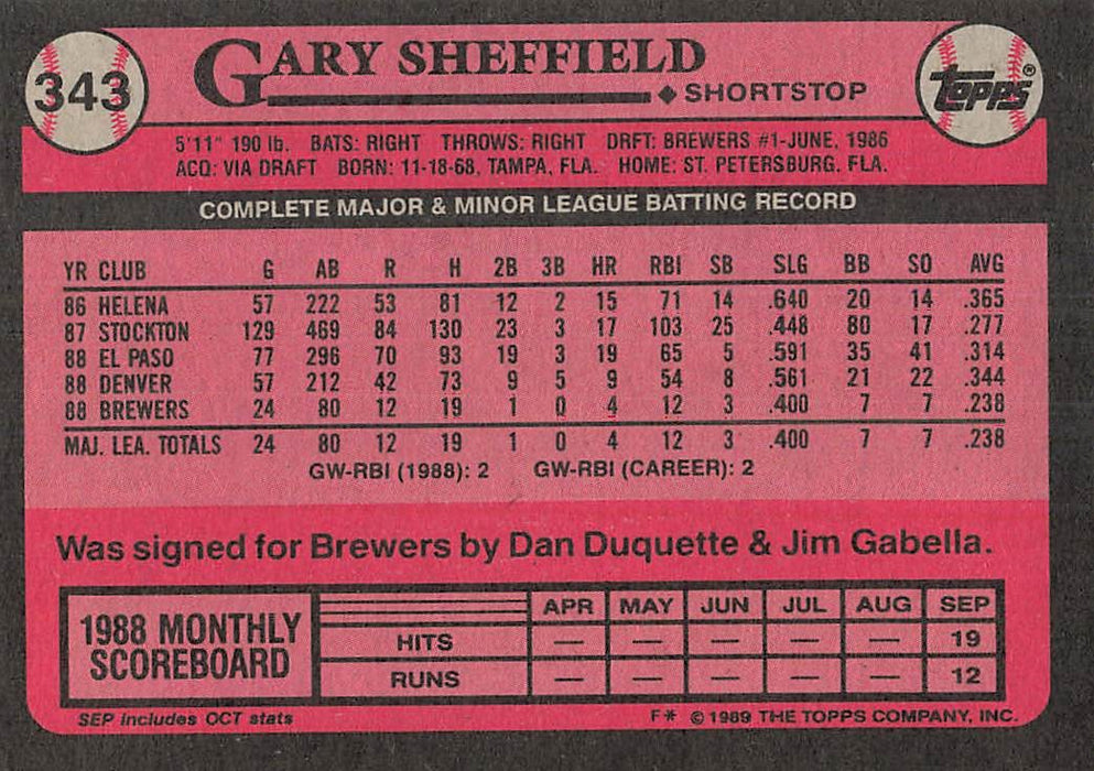 1989 Topps #343 Gary Sheffield FS RC