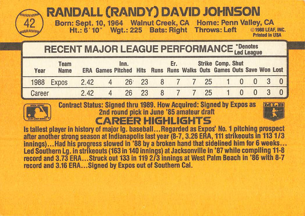 1989 Donruss #42 R.Johnson RC RR UER/Card says born in 1964/he was born in 1963