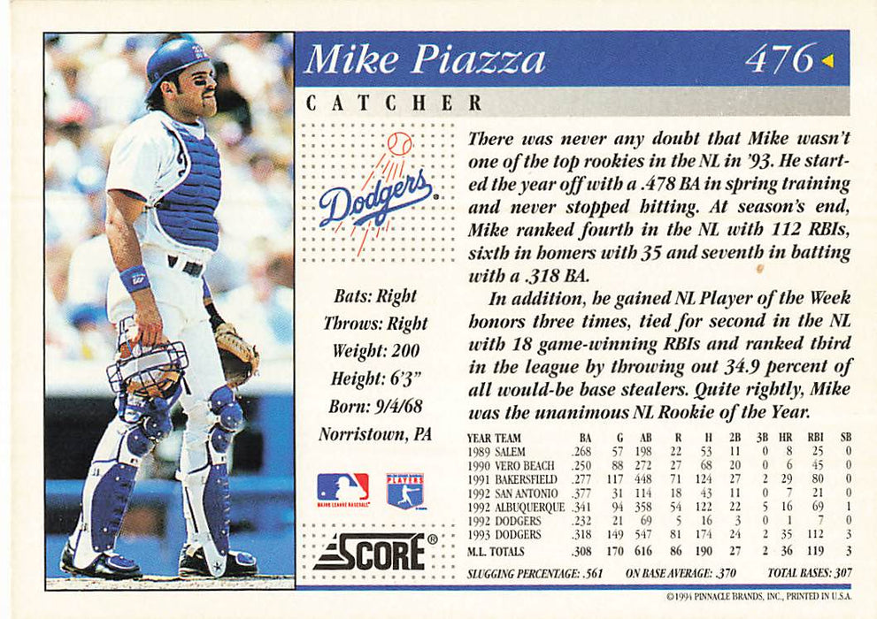 1994 Score #476 Mike Piazza