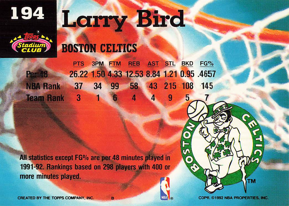 1992-93 Stadium Club Members Only Parallel #194 Larry Bird MC