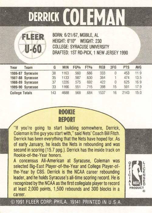 1990-91 Fleer Update #U60 Derrick Coleman RC