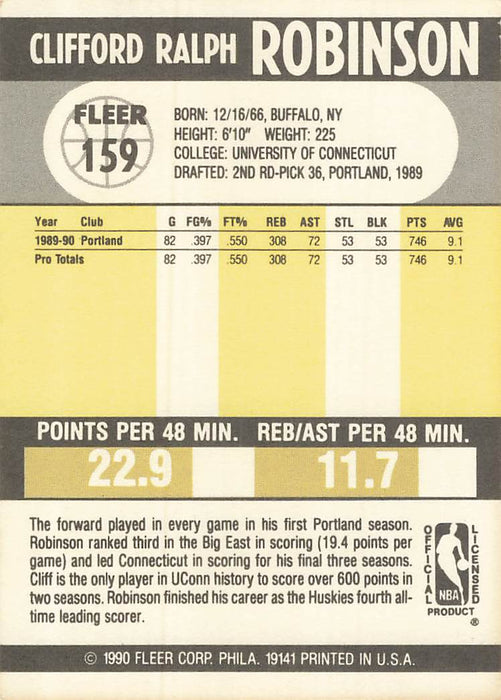 1990-91 Fleer #159 Cliff Robinson RC