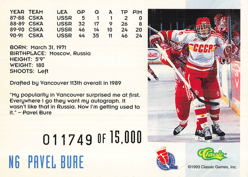 1993 Classic Crash Numbered #N6 Pavel Bure