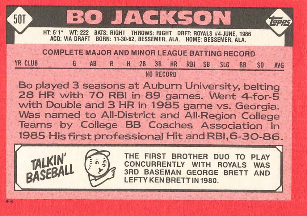 1986 Topps Traded #50T Bo Jackson XRC