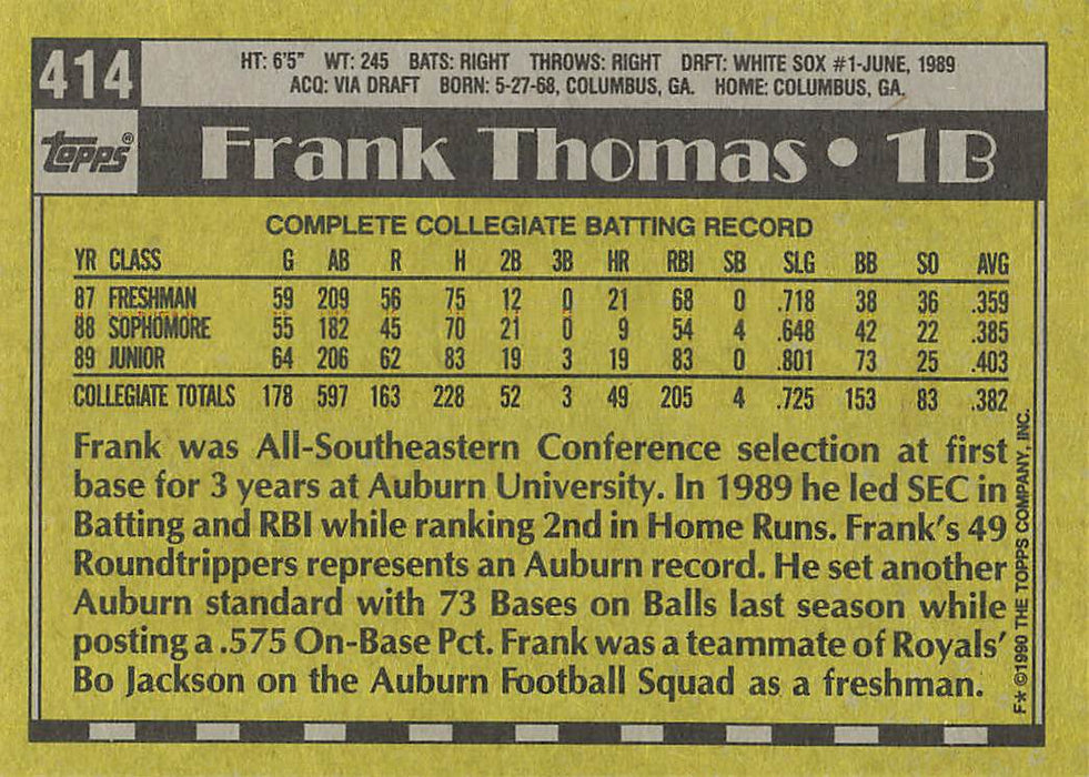 1990 Topps #414B Frank Thomas RC