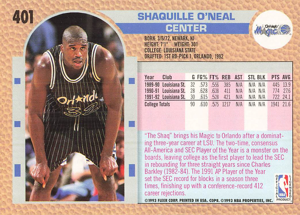 1992-93 Fleer #401 Shaquille O'Neal RC