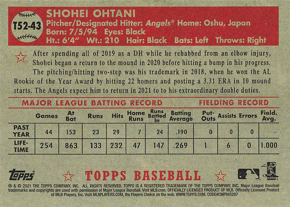 2021 Topps '52 Topps Redux #T5243 Shohei Ohtani