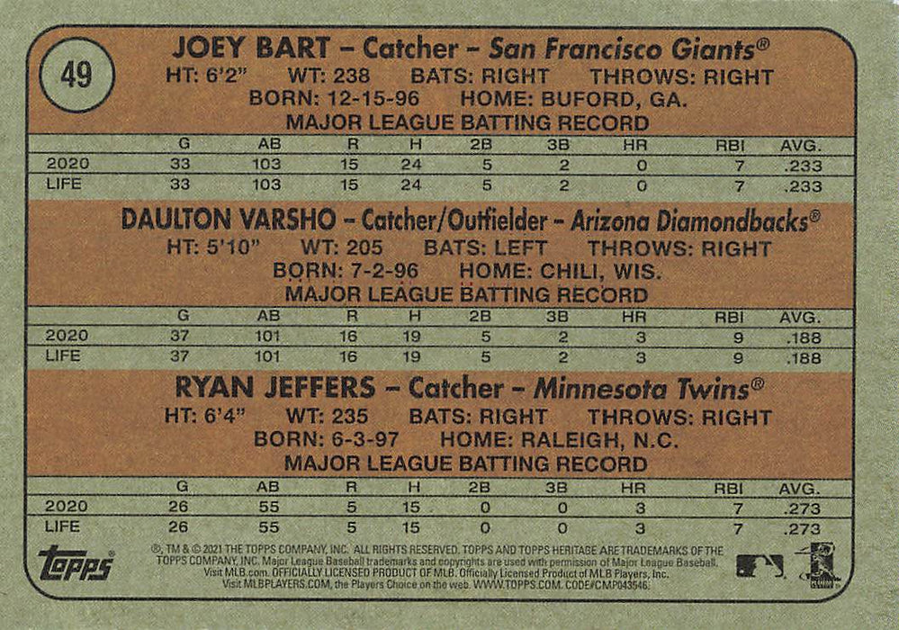 2021 Topps Heritage #49 Ryan Jeffers RC/Joey Bart RC/Daulton Varsho RC