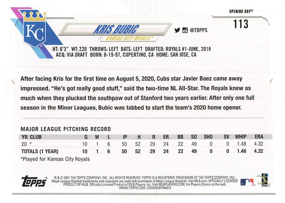 2021 Topps Opening Day #113 Kris Bubic RC