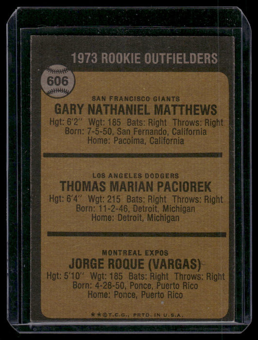 1973 Topps #606 1973 Rookie Outfielders (Matthews / Paciorek / Roque)