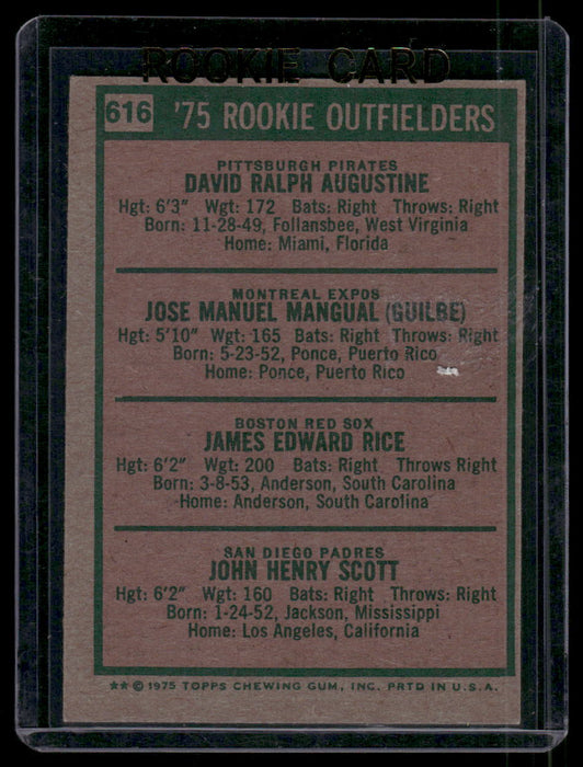 1975 Topps #616 1975 Rookie Outfielders (Augustine / Mangual / Rice / Scott)