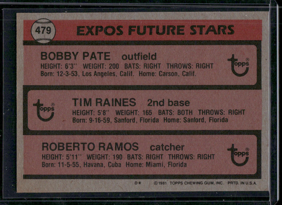 1981 Topps #479 Expos Future Stars (Tim Raines / Roberto Ramos / Bobby Pate)