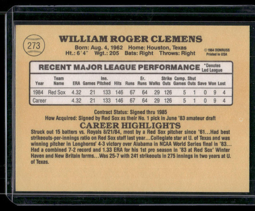 1985 Donruss #273 Roger Clemens