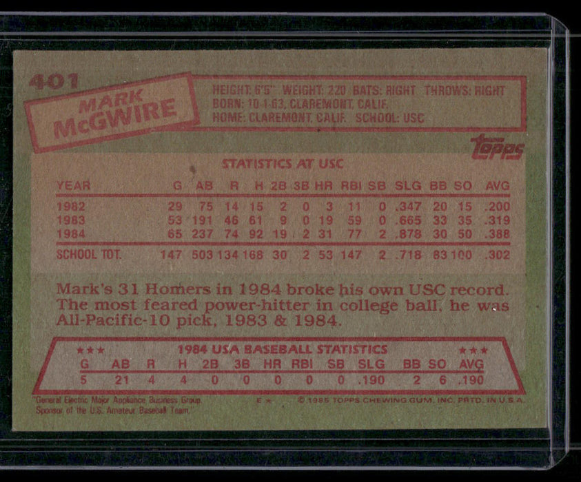 1985 Topps #401 Mark McGwire