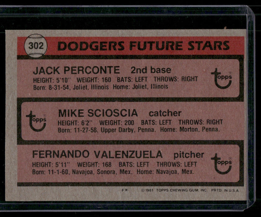 1981 Topps #302 Dodgers Future Stars (Perconte / Scioscia / Valenzuela)