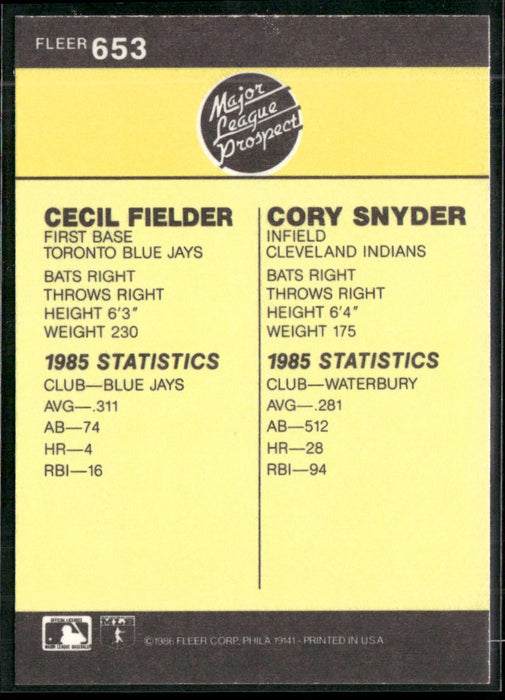 1986 Fleer #653 Cecil Fielder / Cory Snyder