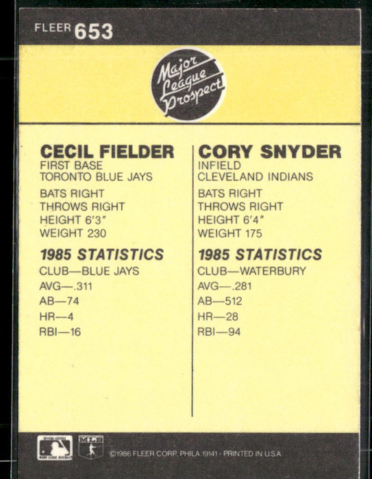 1986 Fleer #653 Cecil Fielder / Cory Snyder