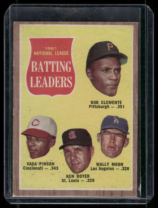 1962 Topps #52 1961 NL Batting Leaders (Clemente / Pinson / Boyer / Moon)