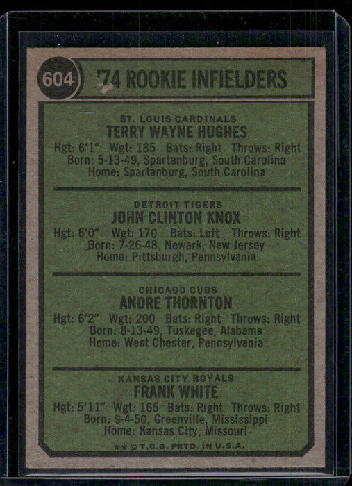 1974 Topps #604 1974 Rookie Infielders (Hughes / Knox / Thornton / White)