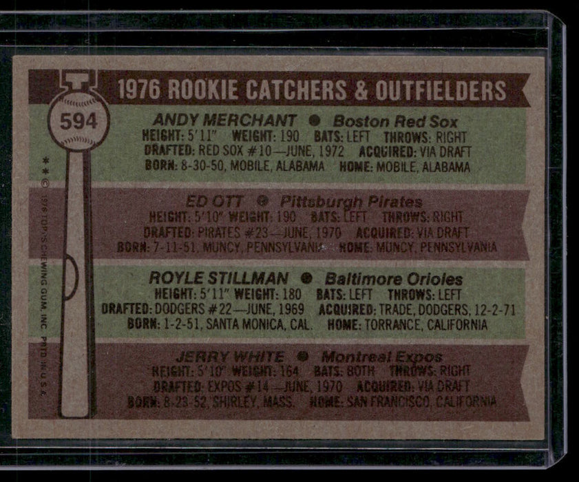 1976 Topps #594 Rookie Catchers & Outfielders (Merchant/Ott/Stillman/White)