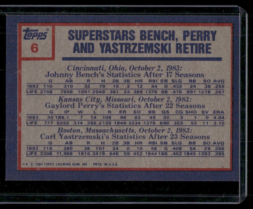 1984 Topps #6 Johnny Bench / Gaylord Perry / Carl Yastrzemski