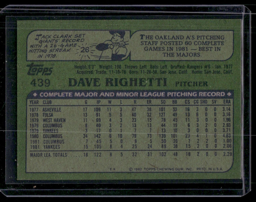 1982 Topps #439 Dave Righetti