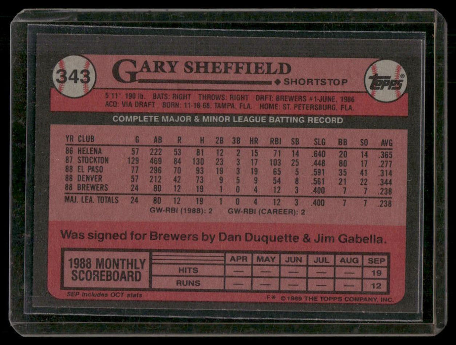 1989 Topps #343a Gary Sheffield Larger gap between hat and Future Stars header