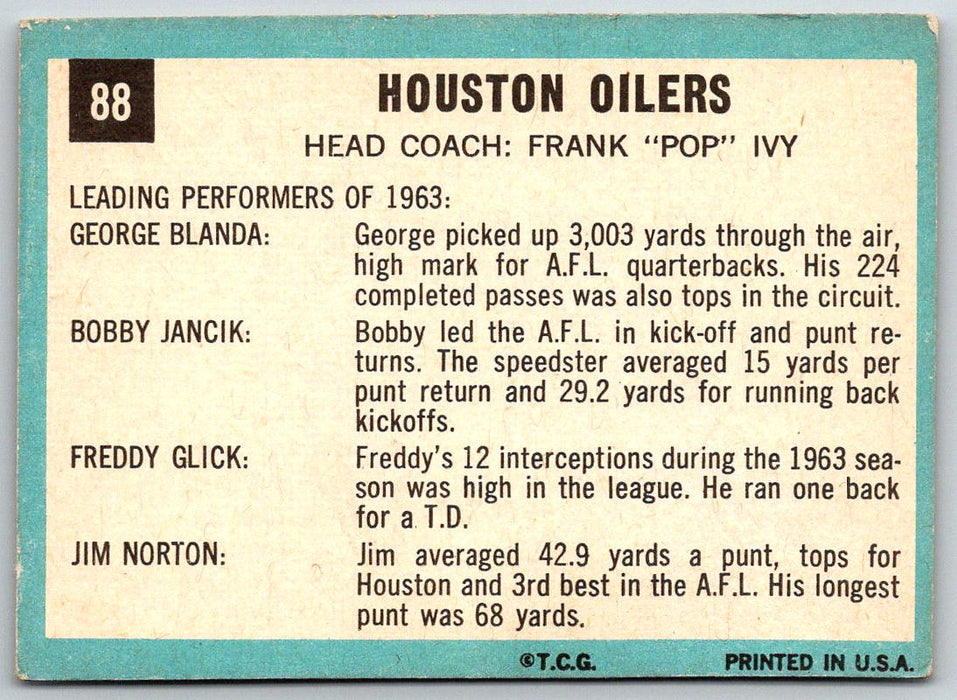 1964 Topps #88 Oilers Team