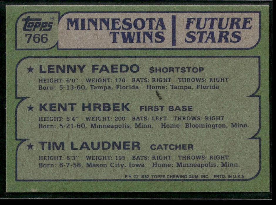 1982 Topps #766 Twins Future Stars (Lenny Faedo / Kent Hrbek / Tim Laudner)