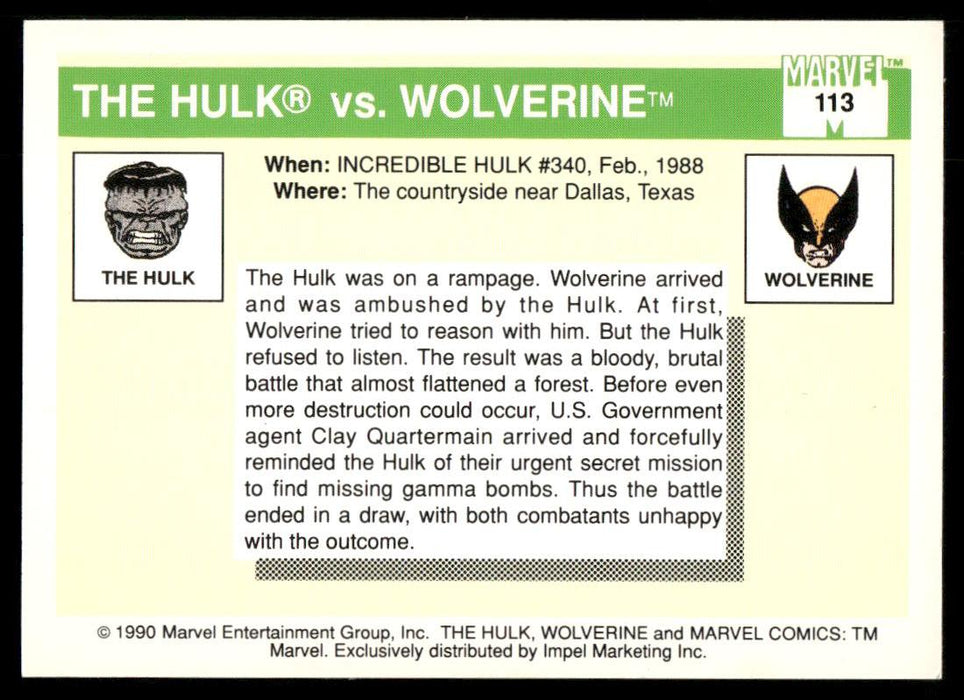 1990 Impel Marvel Universe #113 The Hulk vs. Wolverine