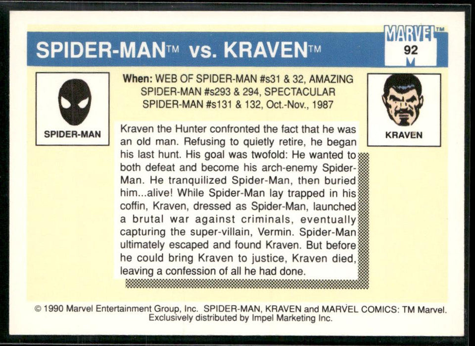 1990 Impel Marvel Universe #92 Spider-Man vs. Kraven