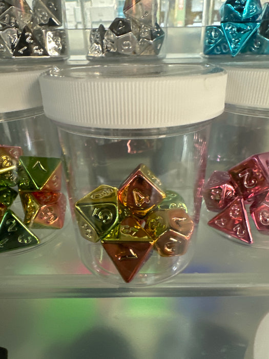 Metal Dice Electroplated 7pc set Green Pink Gold