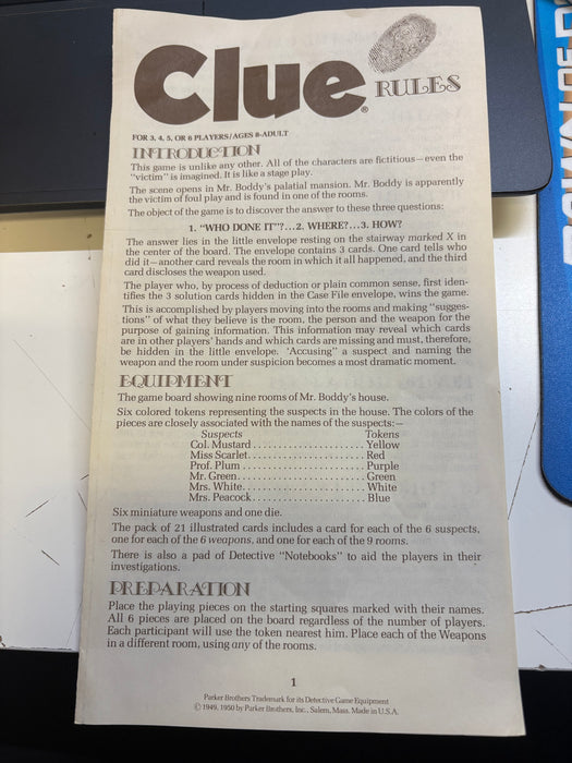 Boardgame Parts Clue ©1972
