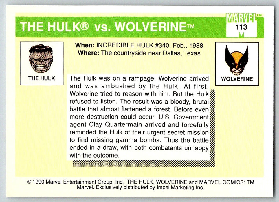1990 Impel Marvel Universe I #113 Hulk vs. Wolverine