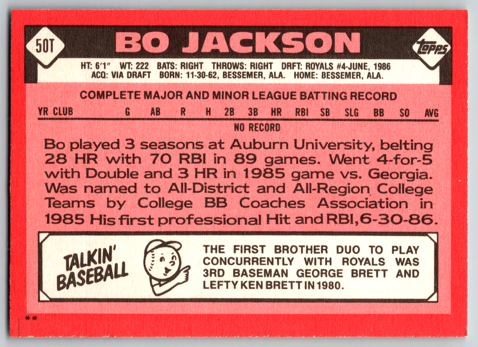 1986 Topps Traded #50T Bo Jackson