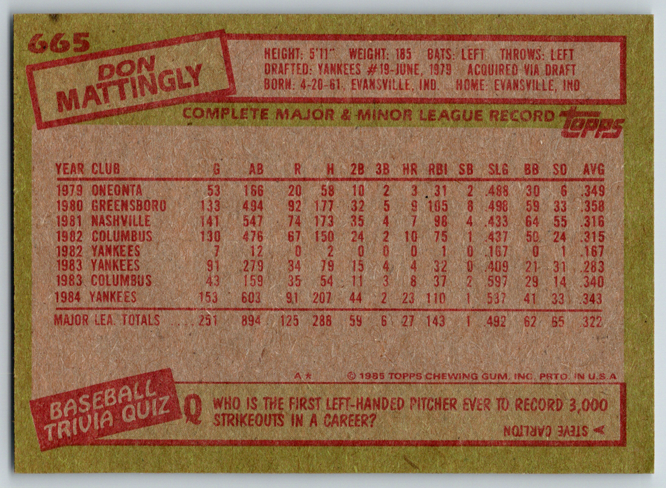 1985 Topps Baseball Card #665 Don Mattingly