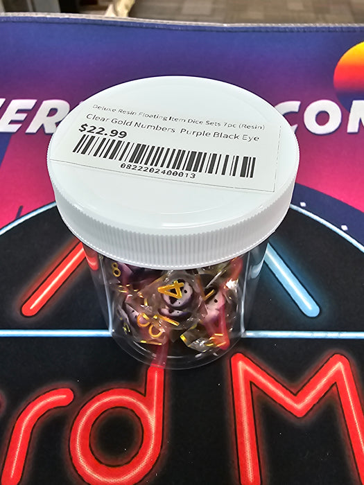 Deluxe Resin Floating Item Dice Clear Gold Numbers Purple Black Eye