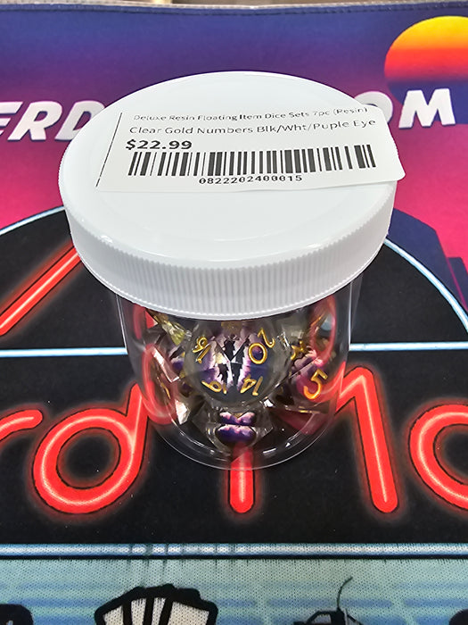 Deluxe Resin Floating Item Dice Clear Gold Numbers Black/White/Purple Eye